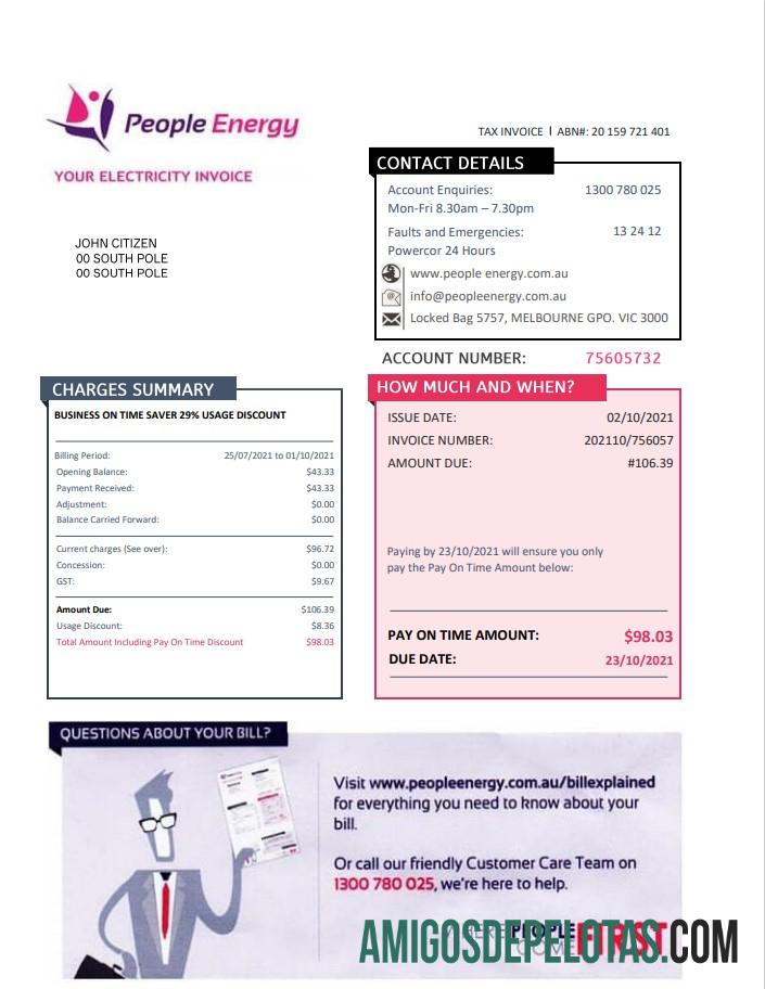 Conta de serviços públicos de eletricidade e energia do povo da Austrália modelo